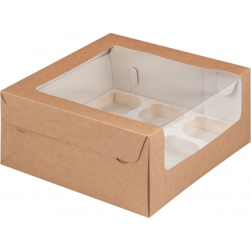 Коробка для капкейков на 9 шт с увеличенным окном (крафт) 235х235х110 мм (50 шт)