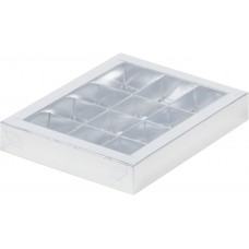 Коробка для конфет на 12шт с пластиковой крышкой (серебро) 190/150/30мм (50 шт)