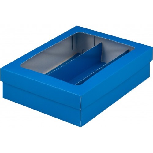 Коробка для макарон с окном и ложементом на 3шт (синяя матовая) 210/165/55 мм (50 шт)