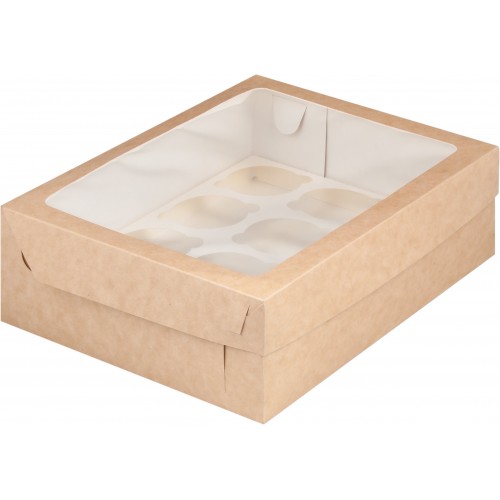 Коробка для капкейков на 12 шт с прямоугольным окном (крафт) 310х235х100 мм (50 шт)