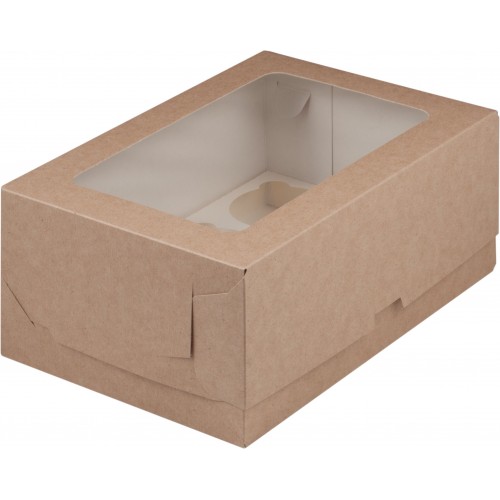 Коробка для капкейков на 6 шт с прямоугольным окном (крафт) 235х160х100 мм (50 шт)
