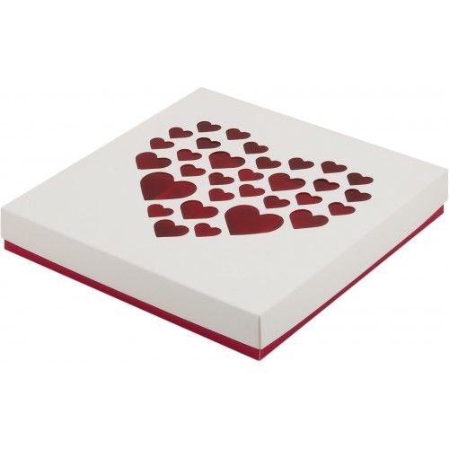 Коробка для конфет на 16 шт с крышкой (бело-красная с сердечками) 200х200х30 мм (50 шт)
