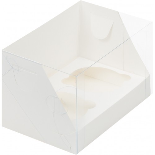 Коробка для капкейков на 2 шт с пластиковой крышкой (белая) 150х100х100 мм (50 шт)
