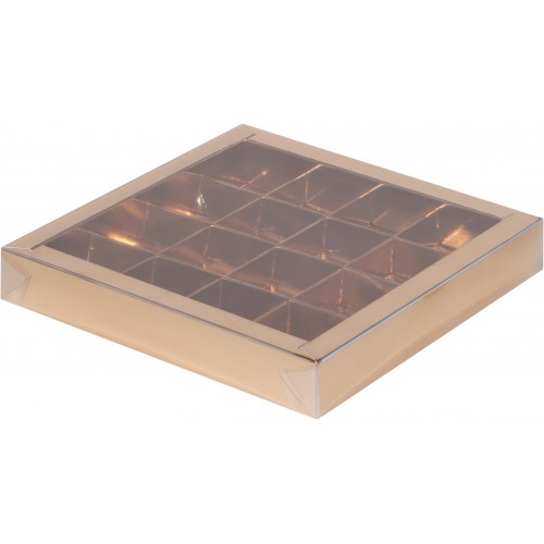 Коробка для конфет на 16 шт с пластиковой крышкой (золото) 200х200х30 мм (50 шт)