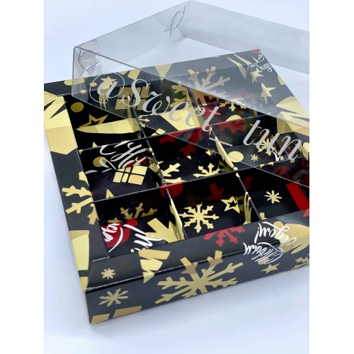 Коробка для конфет на 9 шт с пластиковой крышкой (ёлка черная/золото) 155х155х30 мм (50 шт)