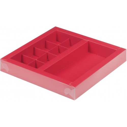 Коробка для конфет на 8 шт с вклеенным окном (красная) 200/200/30 мм + шоколад. плитки 160/80 мм (50 шт)