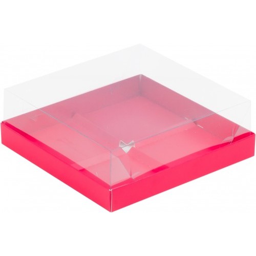 Коробка для пирожных с пластиковой крышкой (красная матовая) 190х190х80 мм (50 шт)