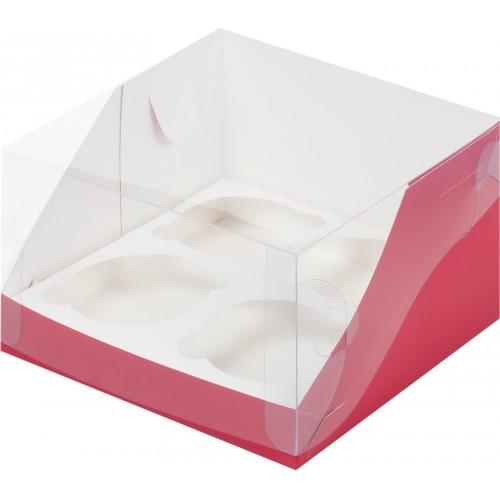 Коробка для капкейков на 4 шт ПРЕМИУМ с пластиковой крышкой (красная матовая) 160х160х100 мм (50 шт)