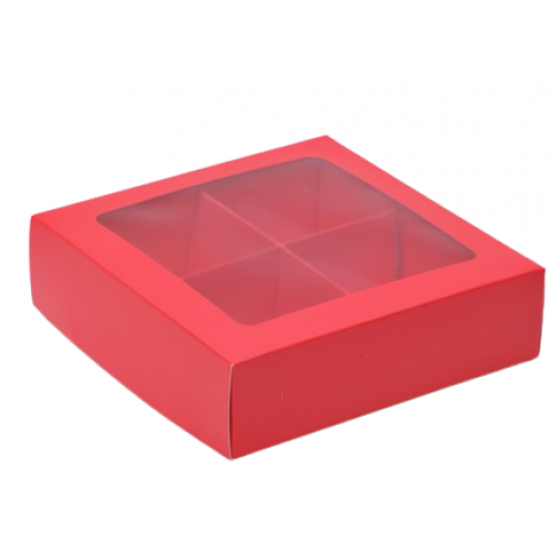Коробка для конфет на 4 шт с вклеенным окном (красная матовая) 120х120х30 мм (50 шт)