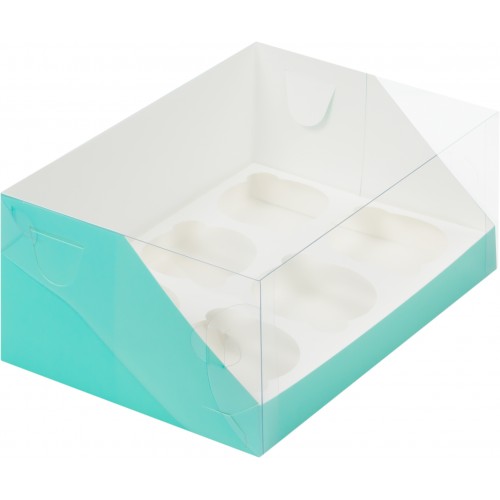 Коробка для капкейков на 6 шт ПРЕМИУМ с пластиковой крышкой (тиффани) 235/160/100 (50 шт)
