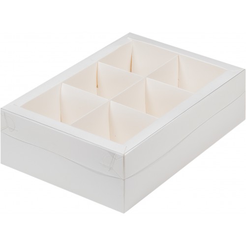 Коробка под ассорти десертов с пластиковой крышкой на 6 шт 240/170/70 мм (белая) 50 шт