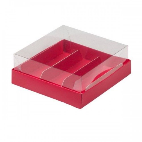 Коробка для эклеров с прозрачным куполом на 3 шт (красная матовая) 135х130х50 мм (50 шт)