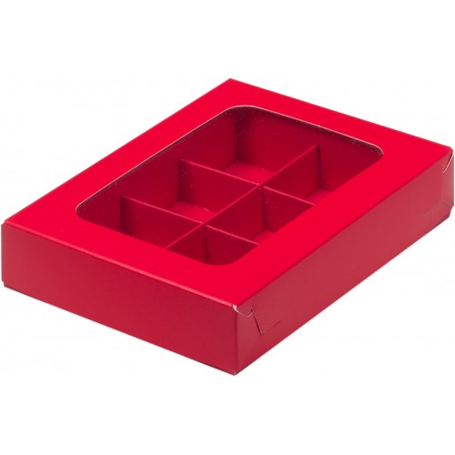 Коробка для конфет на 6 шт с вклеенным окном (красная матовая) 155х115х30 мм (50 шт)