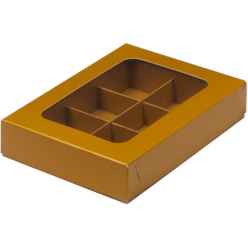 Коробка для конфет на 6 шт с вклеенным окном (золото) 155х115х30 мм (50 шт)
